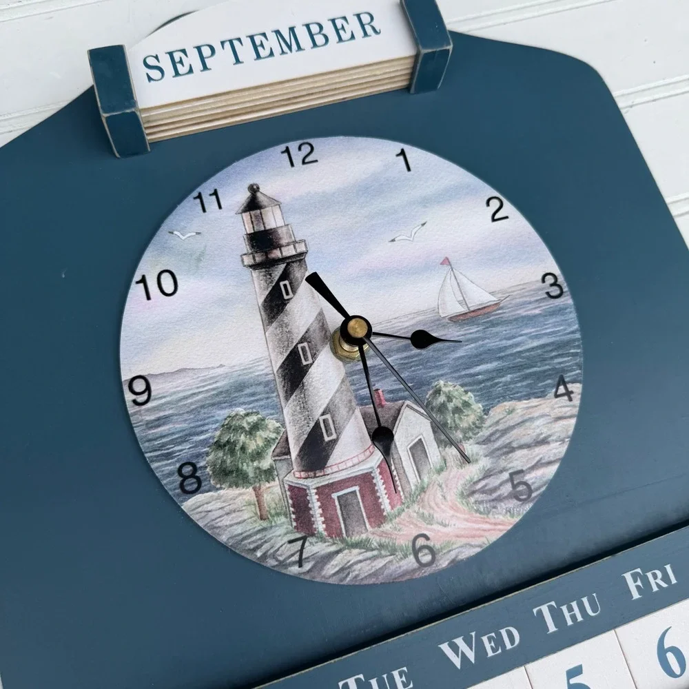 Nautical Wooden Wall Clock Perpetual Calendar Lighthouse Sailboat Blue Decor